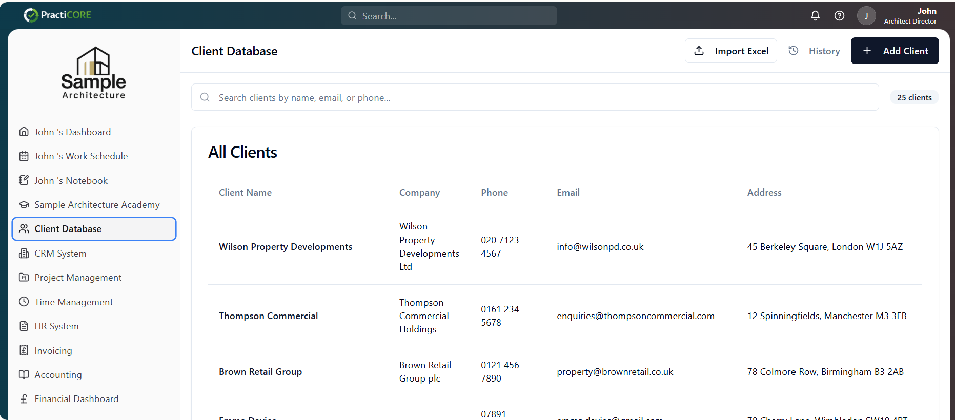 Client Database listing 25 clients with company, phone, email and address columns