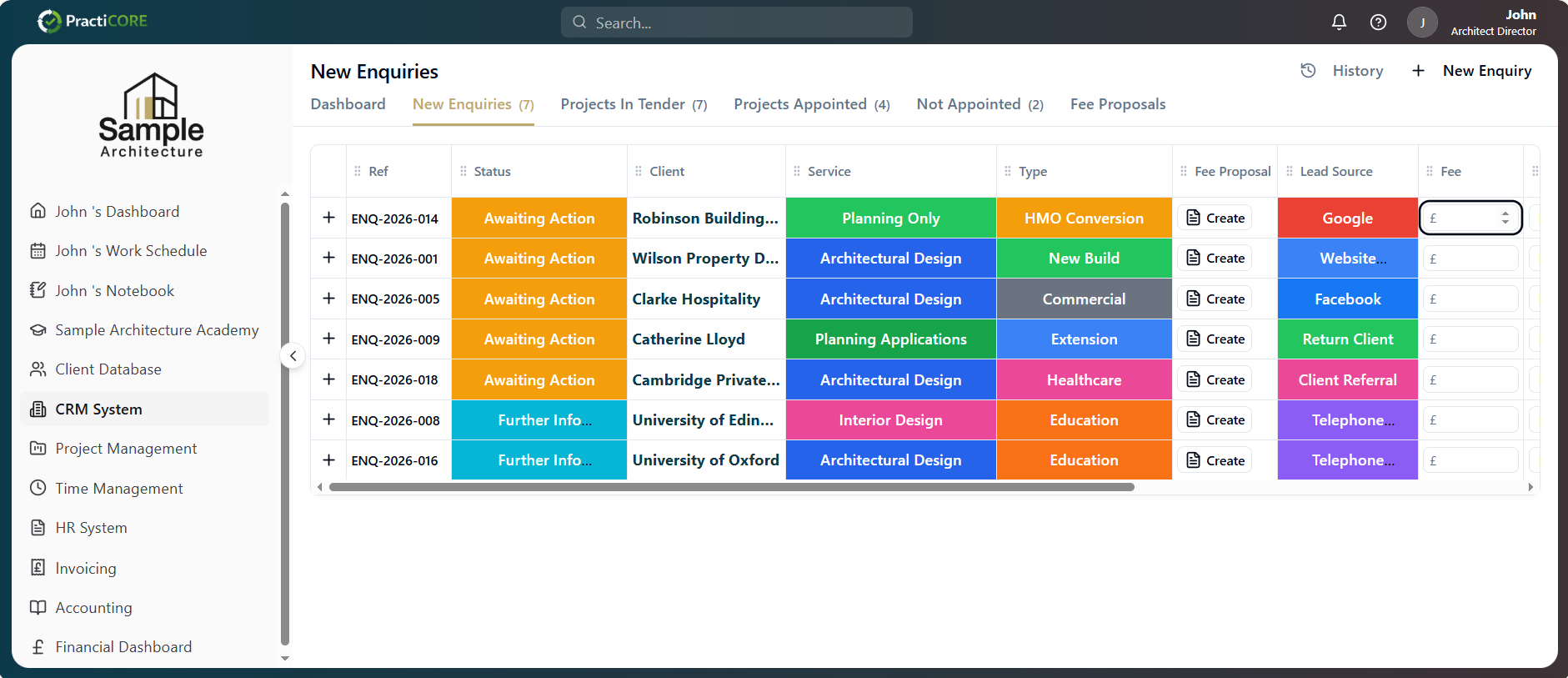 Practicore CRM showing new enquiries with status, client, service and lead source columns