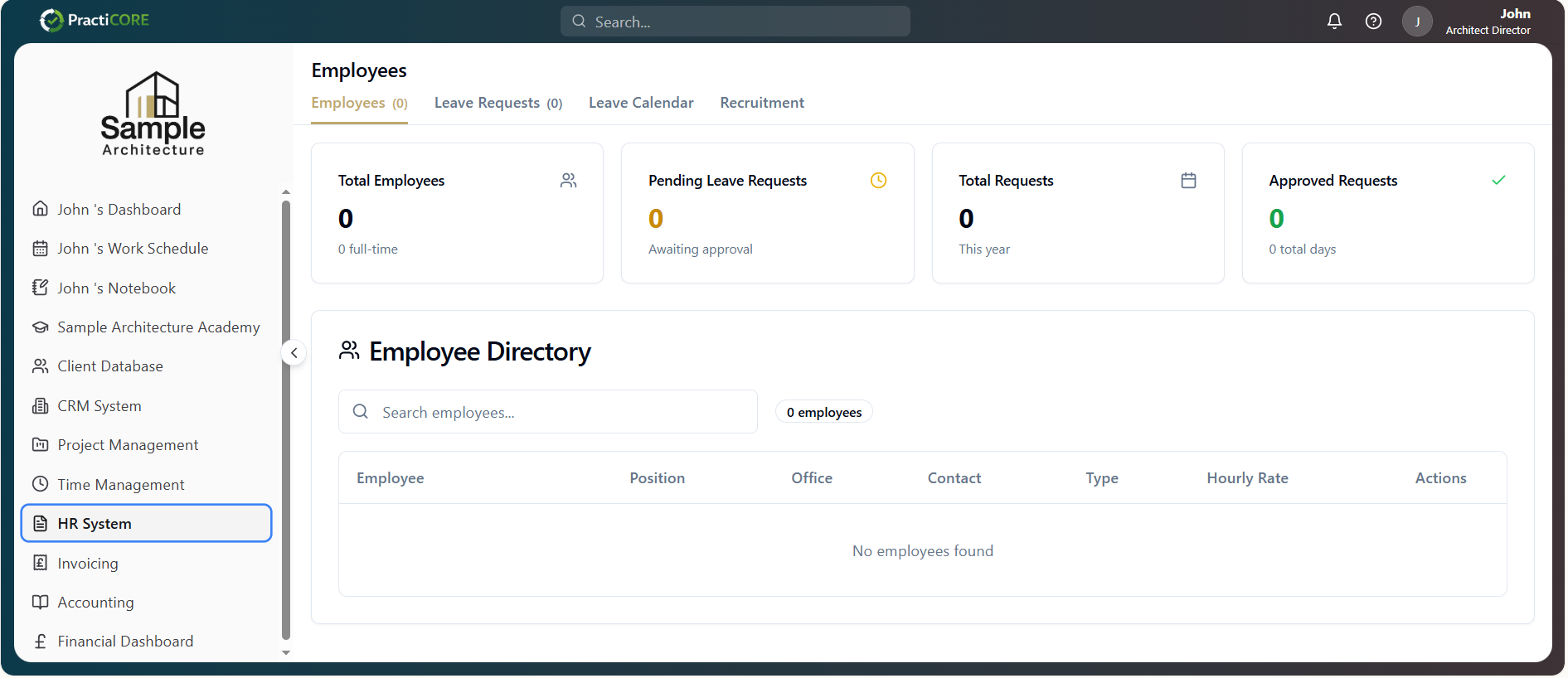 HR System employee directory with leave requests, total employees and approval stats