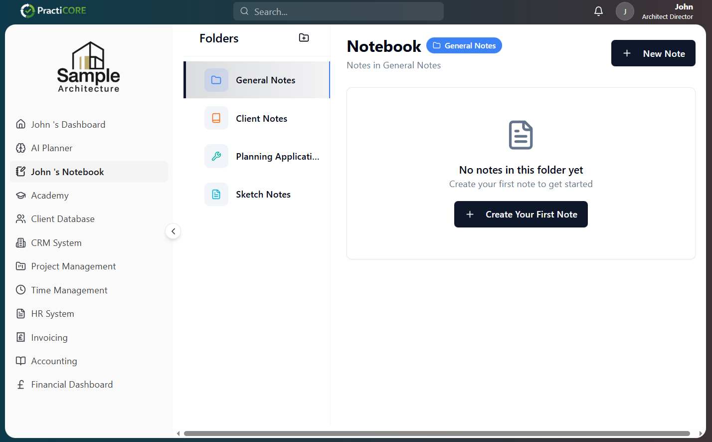 Notebook module showing folders for general, client, planning and sketch notes