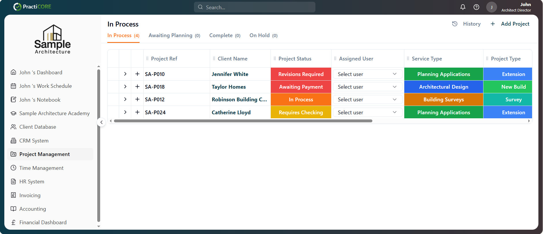 Project Management board showing in-process projects with status, assigned user and service type