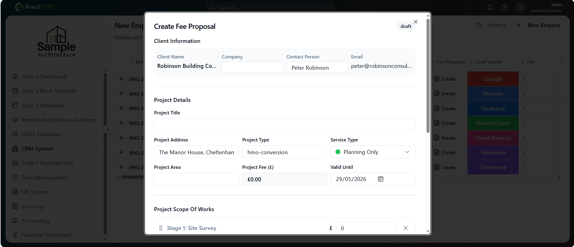 Create Fee Proposal dialog with client information, project details and stage scope of works