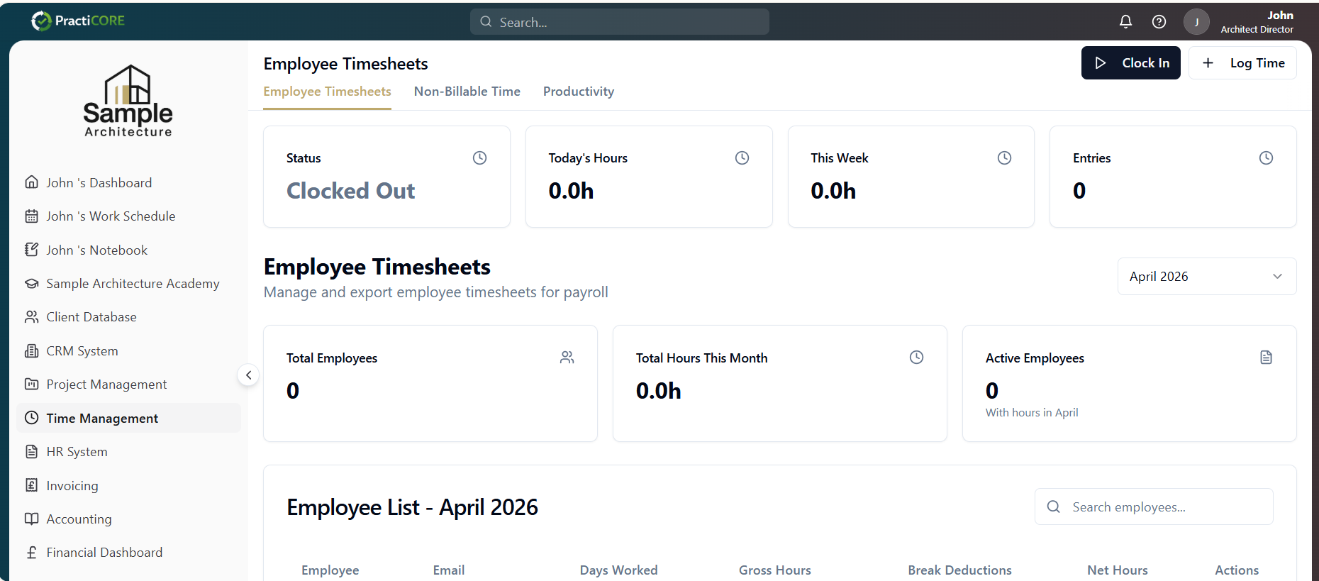 Employee Timesheets dashboard with clock-in status, hours, entries and monthly summary